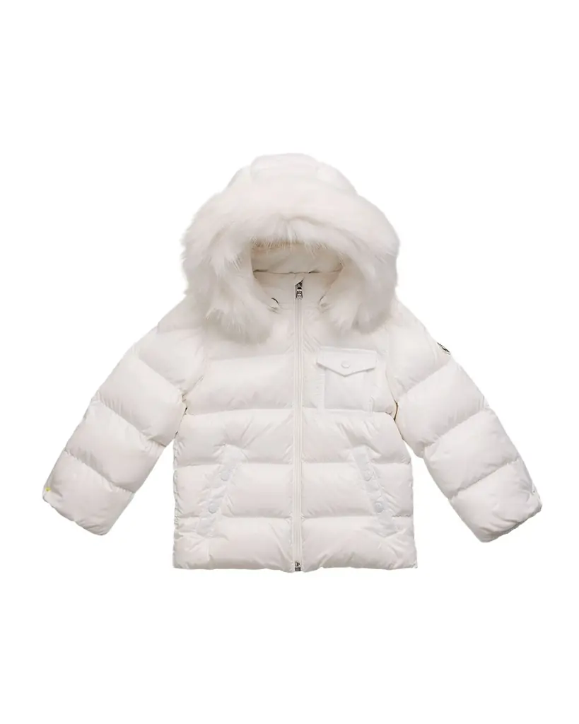 Moncler Kid 's Shiny Puffer Jacket W/ Faux Fur Trim, Size 6M-3