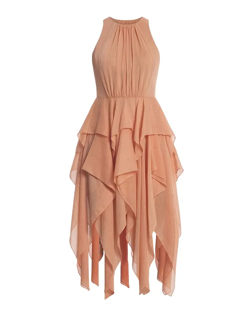 BCBGMAXAZRIA Ruffle Metallic Shimmer Midi Dress