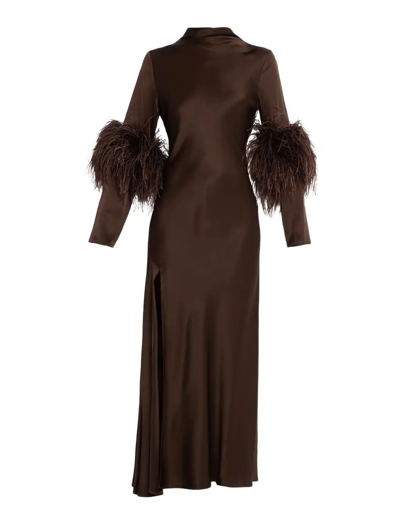LAPOINTE Feather-Trim Satin Maxi Dress