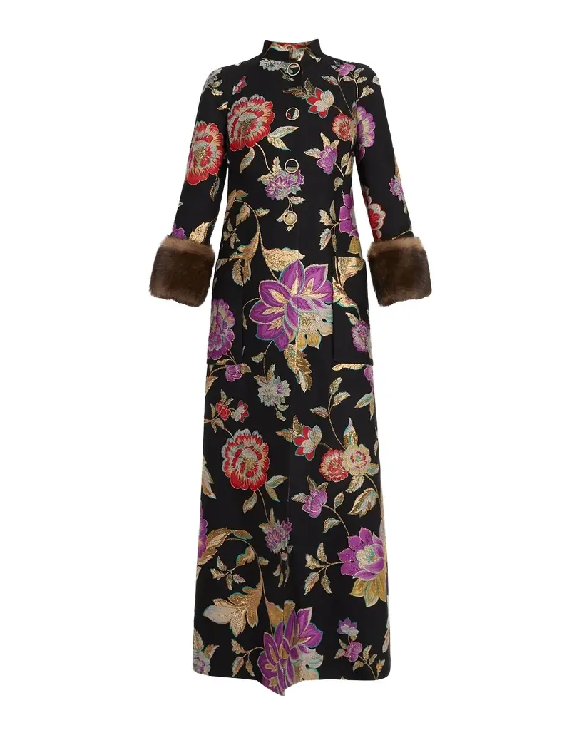 Valentino Garavani Sheep Shearling-Cuffs Metallic Floral Jacquard Long Coat