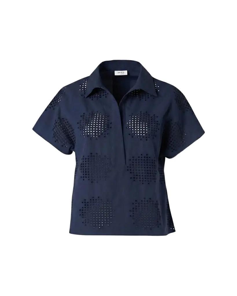 Akris punto Eyelet Cotton Poplin Cap-Sleeve Collared Blouse