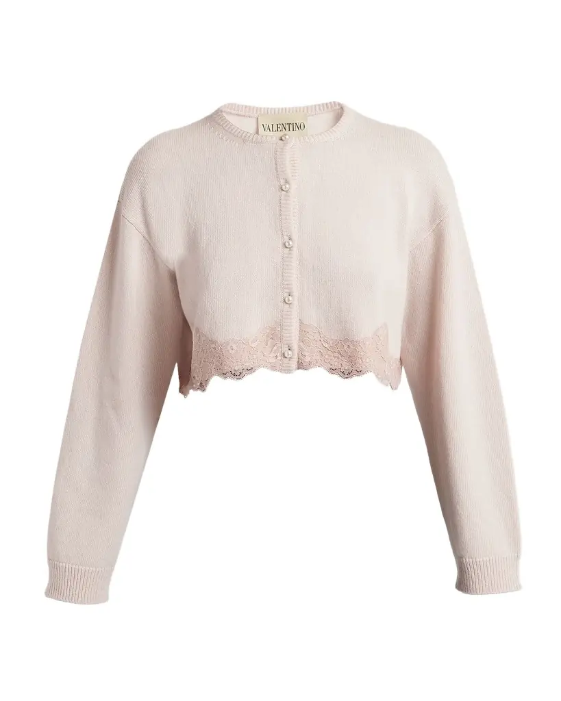 Valentino Garavani Lace-Trim Crop Crewneck Cardigan