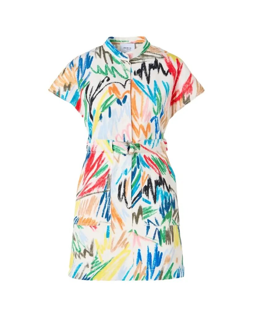 Akris punto Scribble Denim Cap-Sleeve Belted Mini Shirtdress