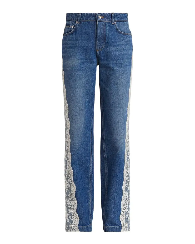 Dolce & Gabbana Lace-Trimmed Straight-Leg Denim Jeans