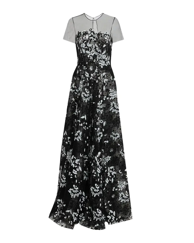 Naeem Khan Illusion Neckline Floral Embroidered Gown - Women's Clothing