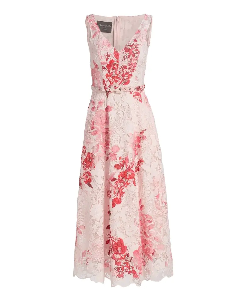 Monique Lhuillier Rose-Print Lace Belted Sleeveless Midi Dress