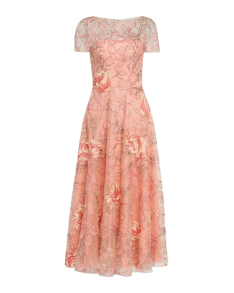 Naeem Khan Metallic Floral Embroidered Short-Sleeve Illusion Midi Dress