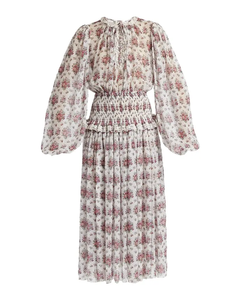 Dolce & Gabbana Floral-Print Shirred Chiffon Long-Sleeve Midi Dress