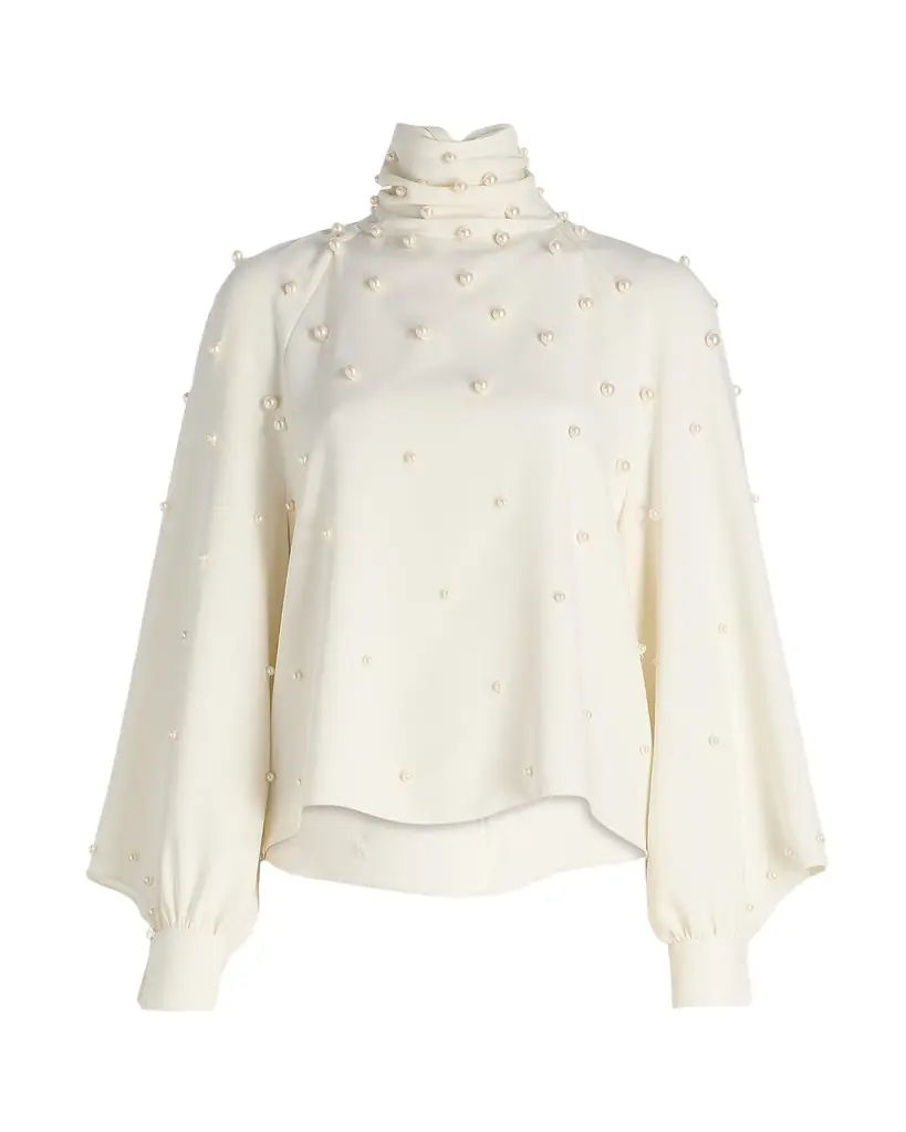 Oscar de la Renta Pearly Beaded Silk Georgette Balloon-Sleeve Blouse
