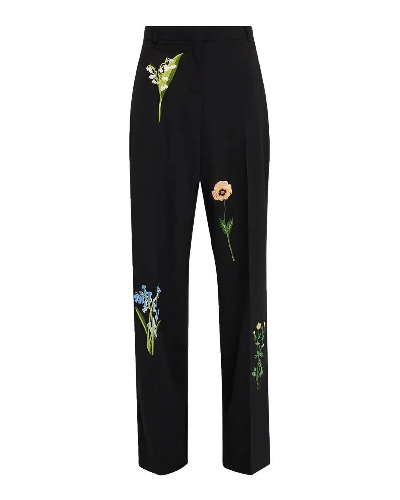 Stella McCartney Dropped-Waist Floral Embroidered Straight-Leg Trousers