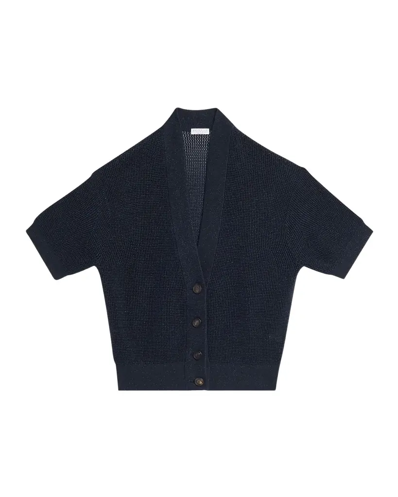 Brunello Cucinelli Shimmering Diamond Knit Short-Sleeve Cardigan