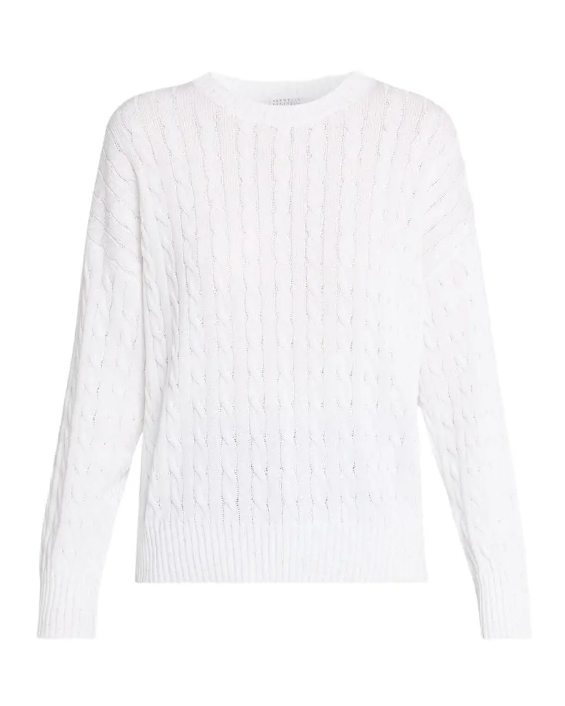 Brunello Cucinelli Cotton Paillette Cable-Knit Crewneck Sweater