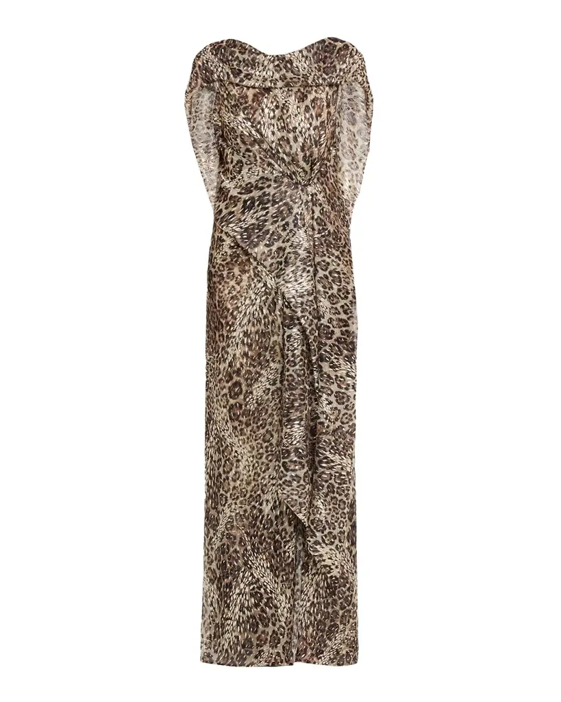 Talbot Runhof Metallic Leopard-Print Draped Maxi Dress