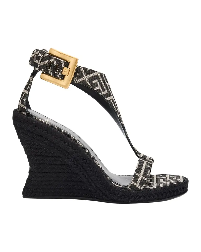 Balmain 5mm Monogram Canvas Espadrille Wedge Sandals