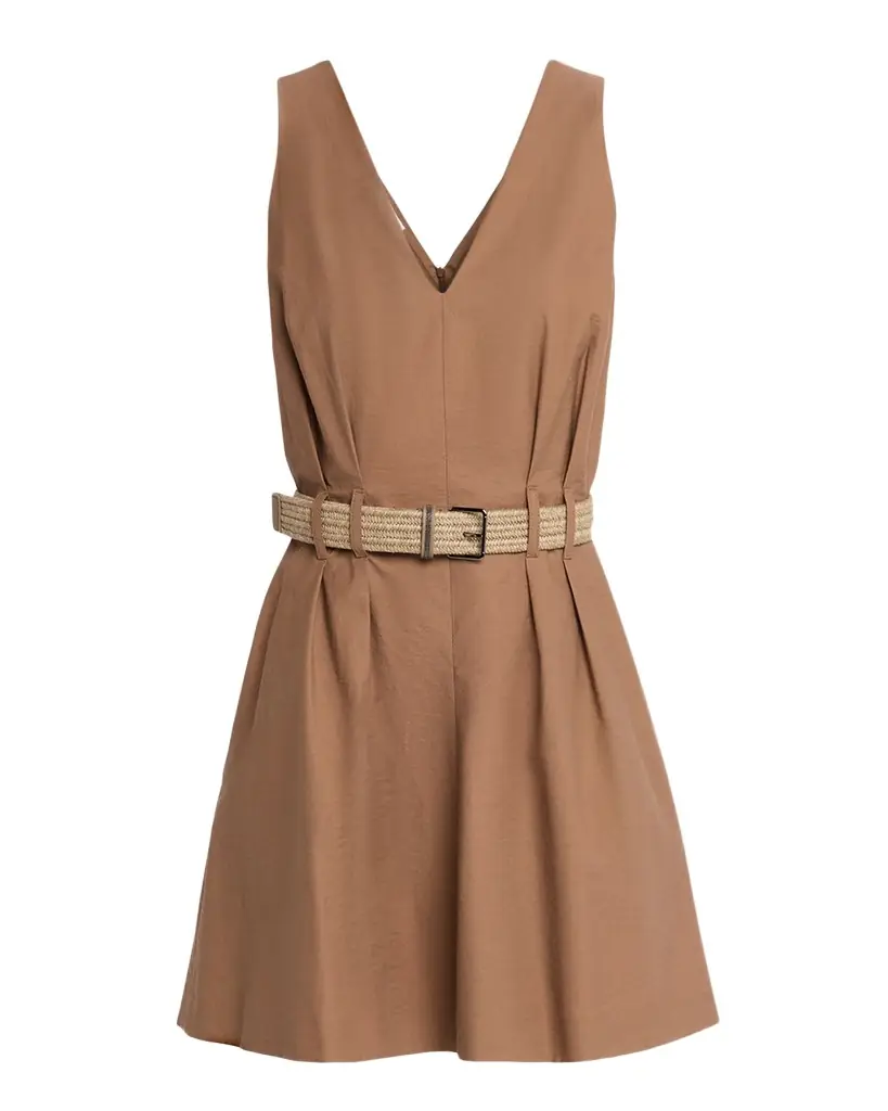Brunello Cucinelli Crispy Diagonal Cotton Belted Mini Dress