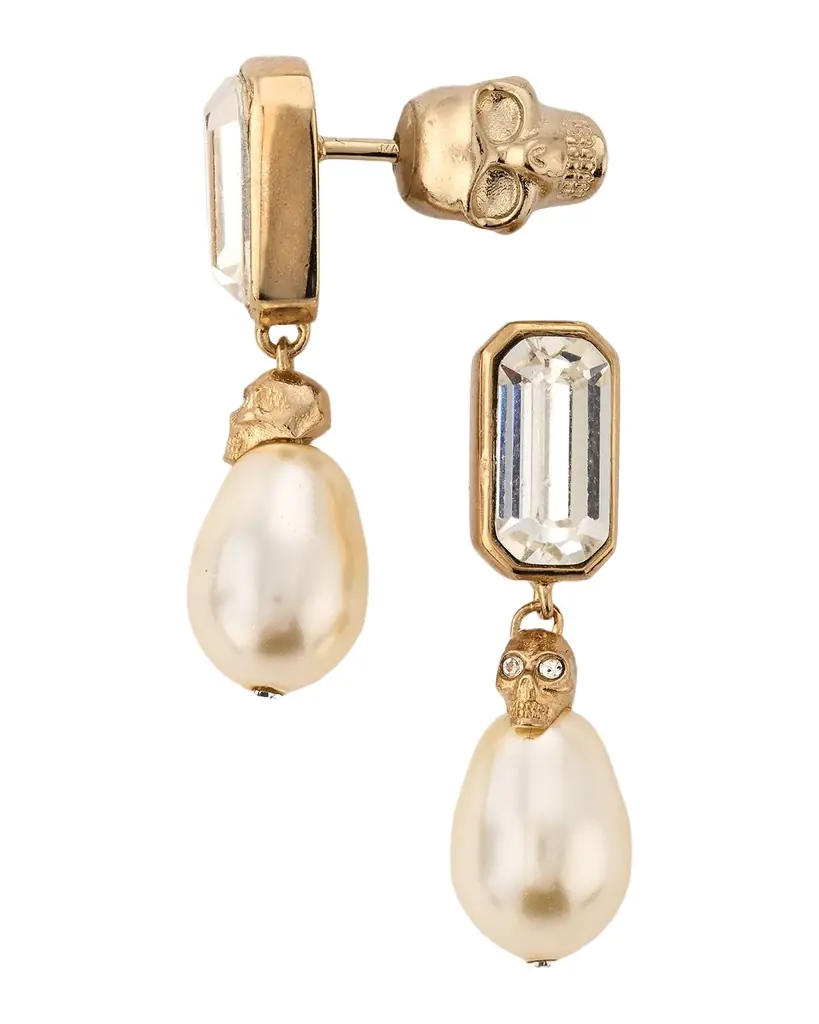McQueen Skull and Crystal Earrings with Pearly Drops