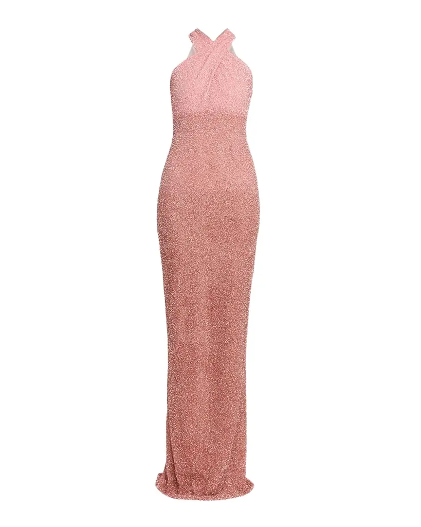 Pamella Roland Sequined Crisscross Halter Gown
