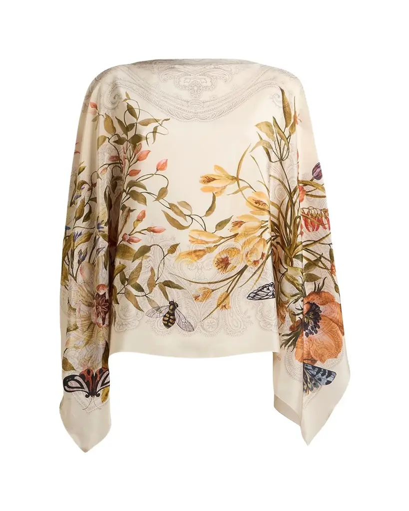 Etro Floral-Print Silk Poncho Top