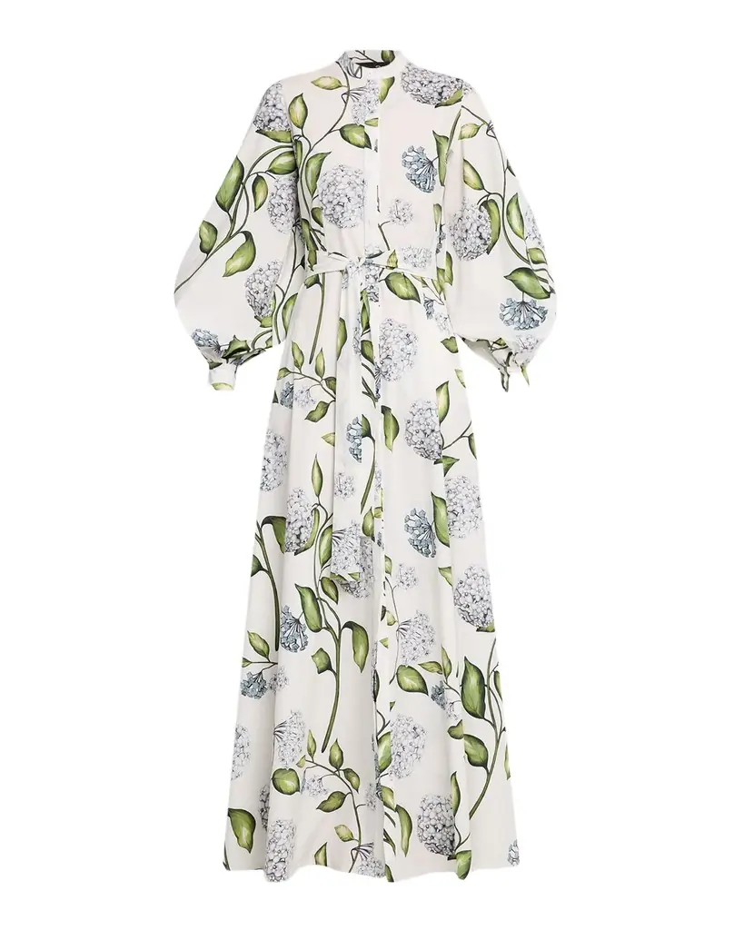 Oscar de la Renta Long-Sleeve Porcelain Flower Cotton Poplin Maxi Shirtdress