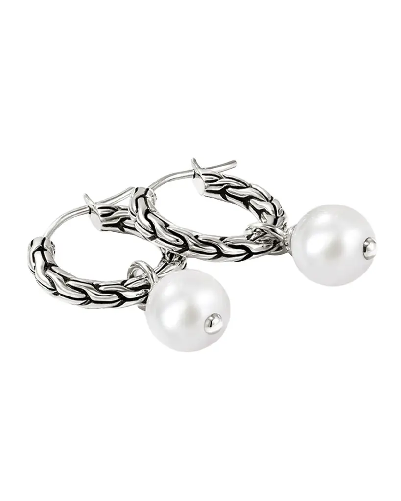 John Hardy Sterling Silver JH Essential Pearl Hoop Earrings, 16mm