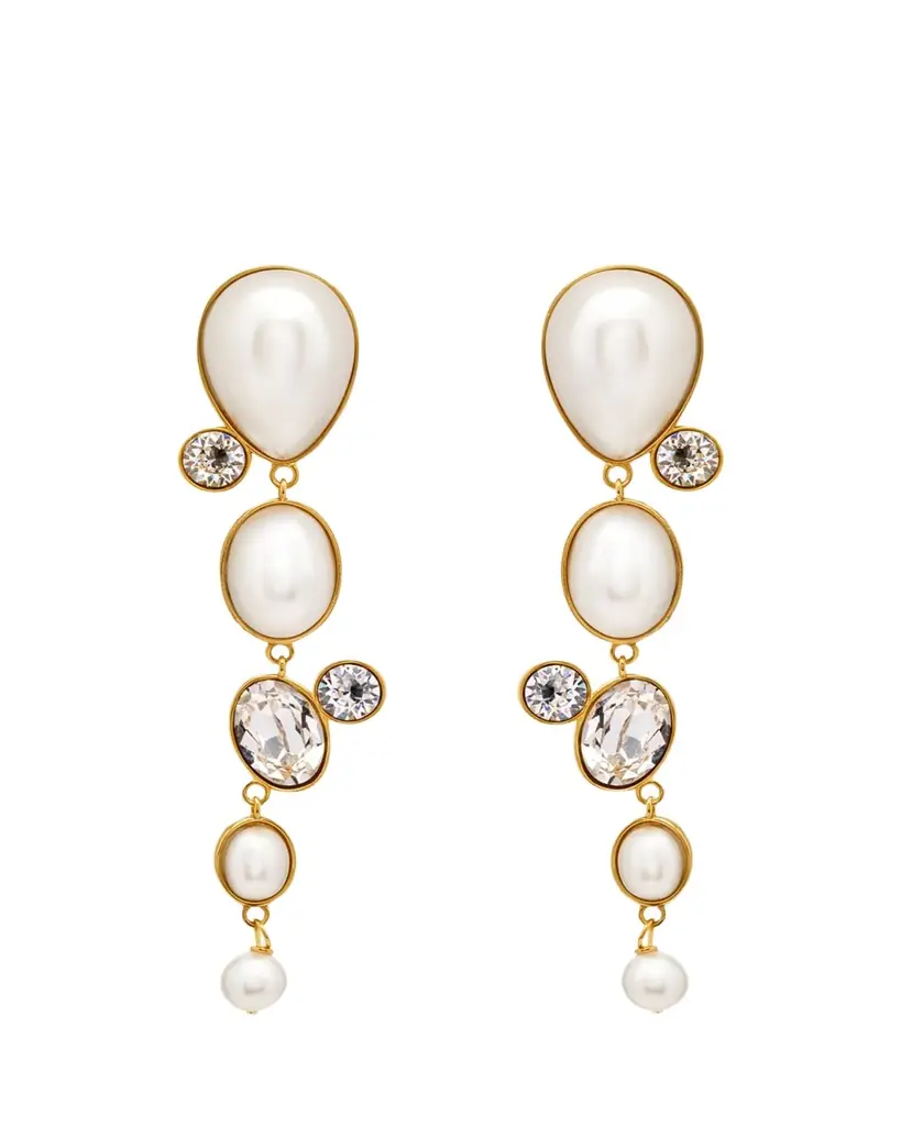 Oscar de la Renta Pearly Cabochon and Rhinestone Drop Clip-On Earrings