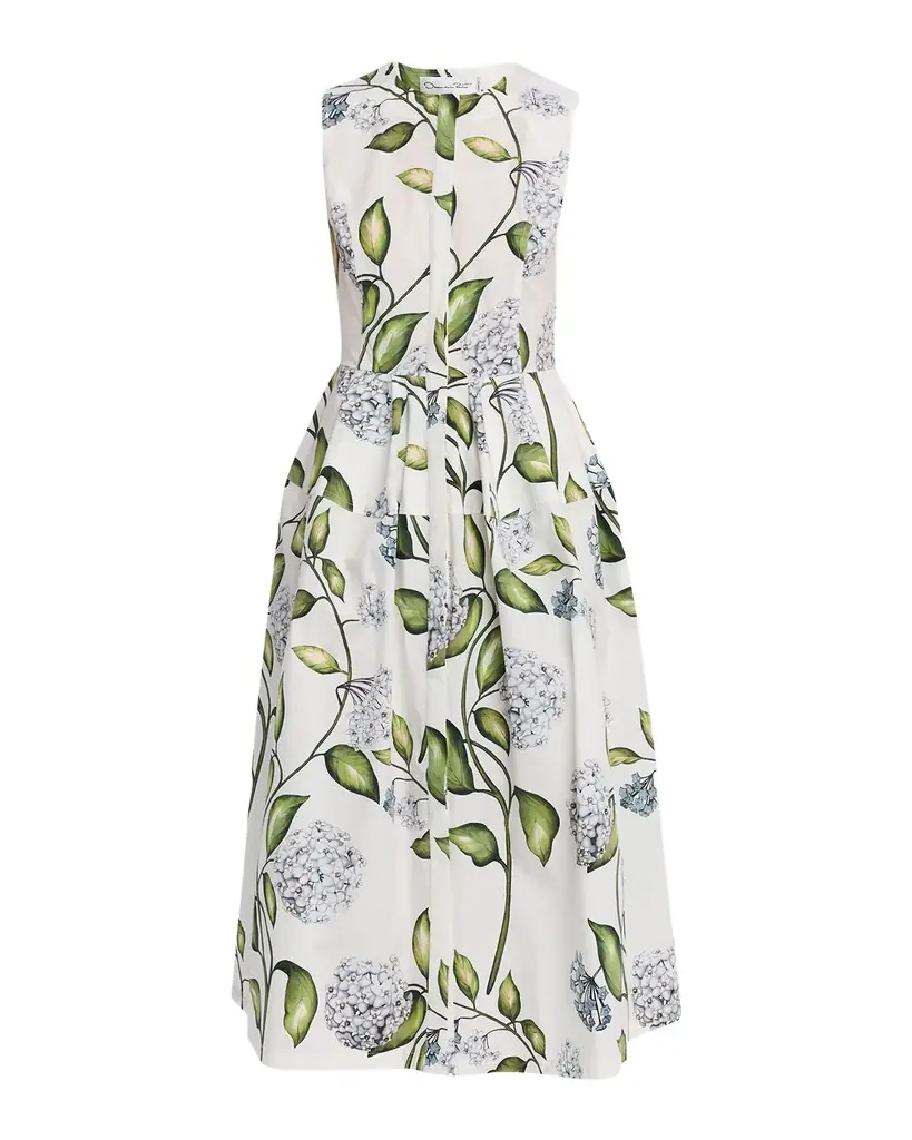Oscar de la Renta Sleeveless Porcelain Flower Cotton Midi Dress