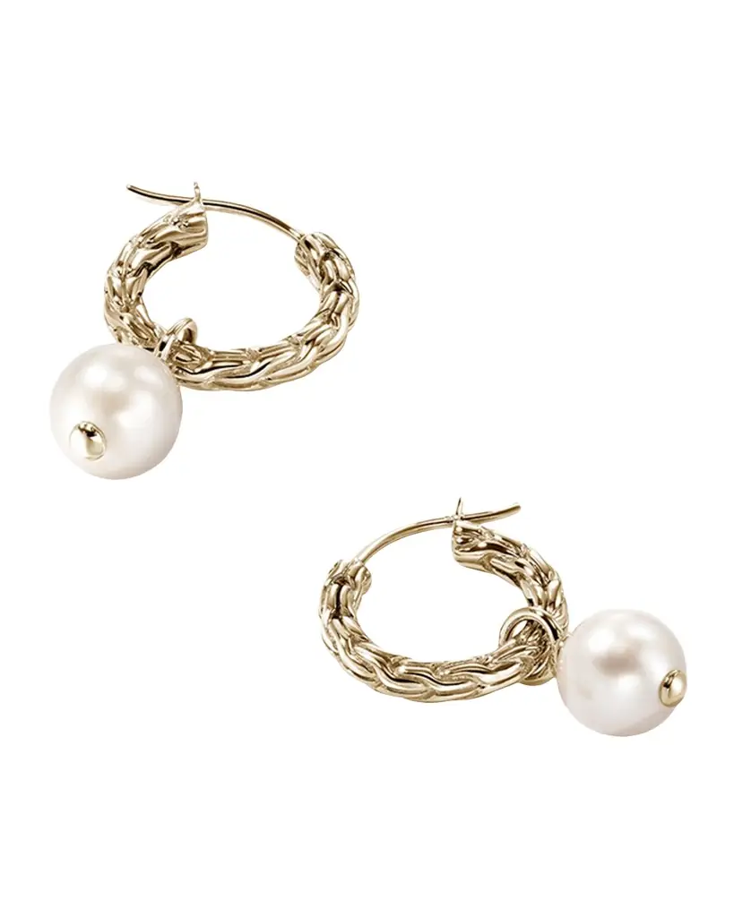 John Hardy 14K JH Essential Pearl Hoop Earrings, 16mm