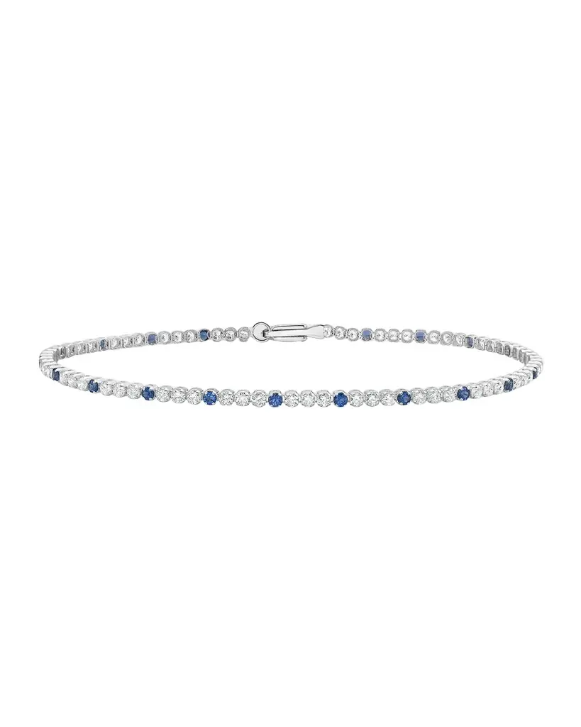 Neiman Marcus Diamonds 18K White Gold Alternating Diamond Trio and Blue Sapphire Bracelet, 7"L