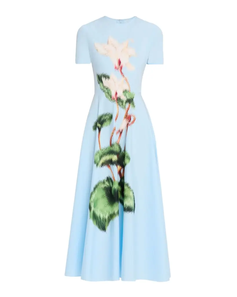 Oscar de la Renta Short-Sleeve Chine Cyclamen Cotton Poplin Midi Dress