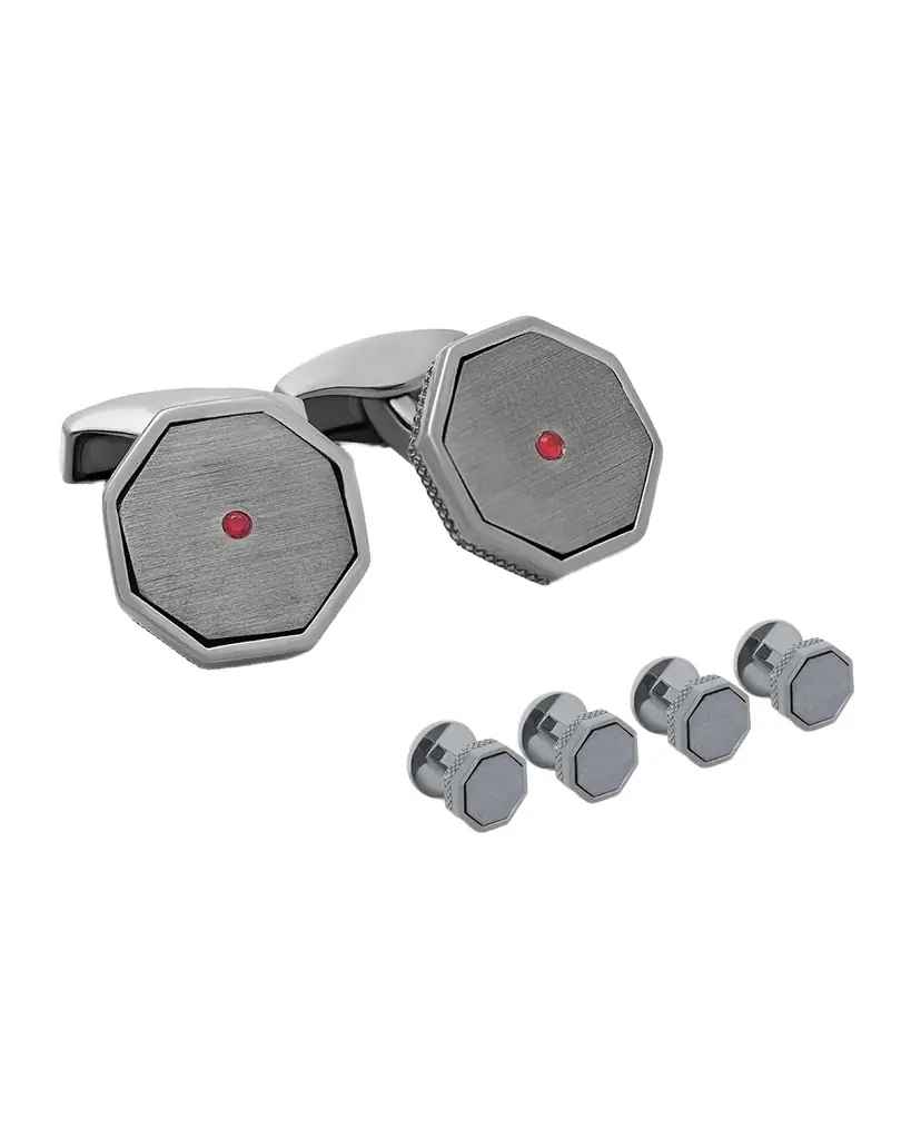 Tateossian Men 's London Eye Ruby Octagonal Cufflink and Stud Set