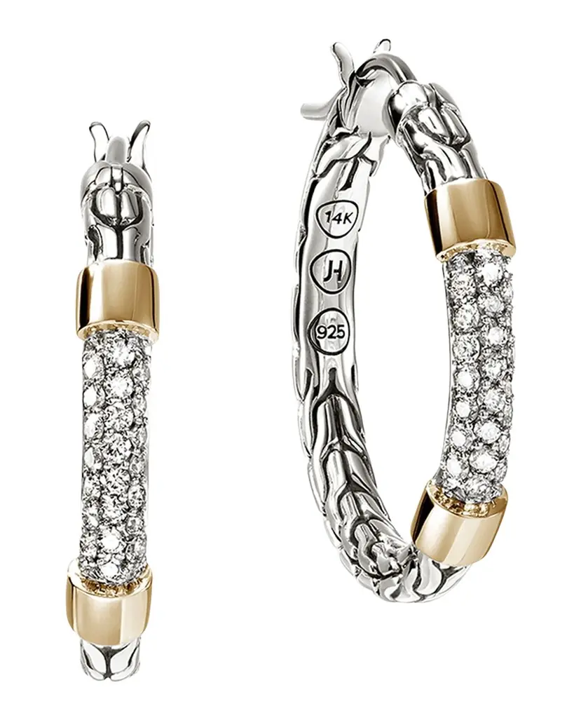 John Hardy Sterling Silver and 14K JH Essential Pave Hoop Earrings, 23mm