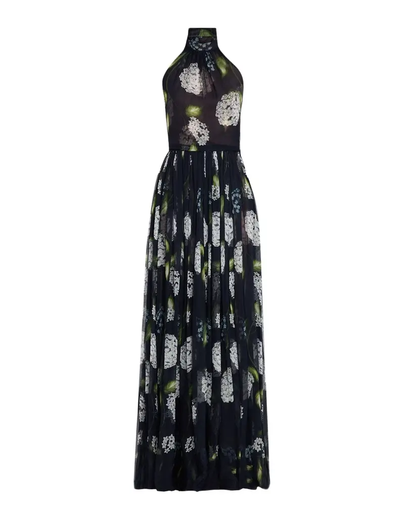 Oscar de la Renta Porcelain Flower Chiffon Halter Maxi Dress