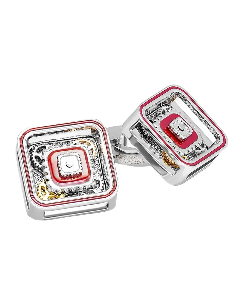 Tateossian Men 's Quadrato Gear Cufflinks with Red Enamel