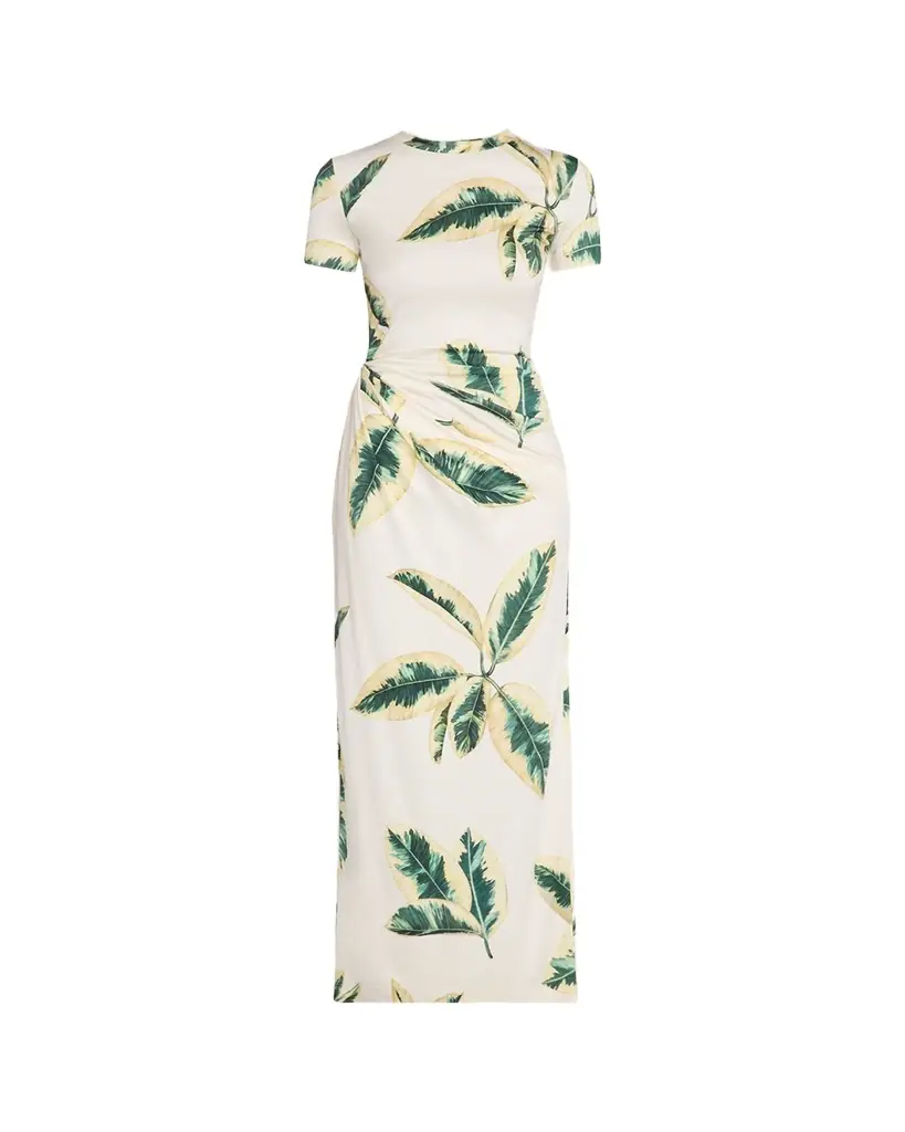 Oscar de la Renta Short-Sleeve Ficus-Print Draped Maxi Dress
