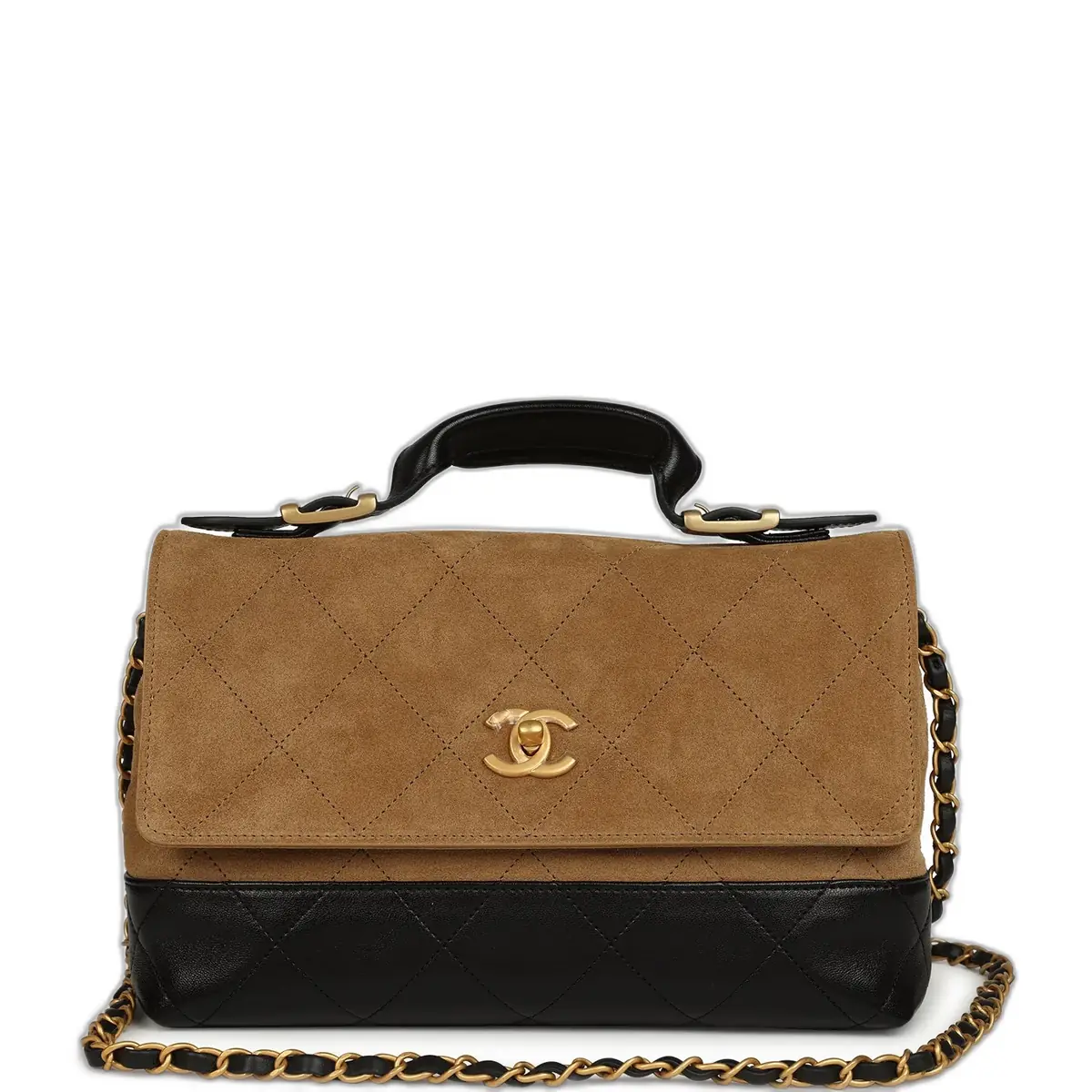 Chanel Chanel Coco Base Top Handle Flap Bag Brown Suede and Black Shiny Lambskin Brushed Gold Hardware