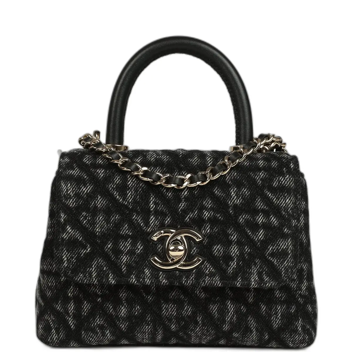 Chanel Chanel Nano Coco Top Handle Flap Bag Black Washed Denim Light Gold Hardware