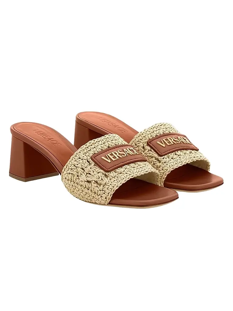Versace Women's 55MM Logo Leather Mules - Natural Ambrer Gold