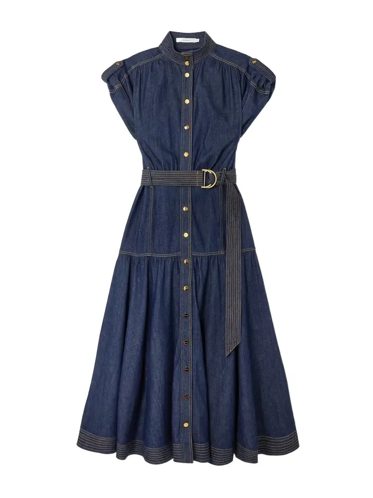 Zimmermann Belted Tiered Denim Midi Dress