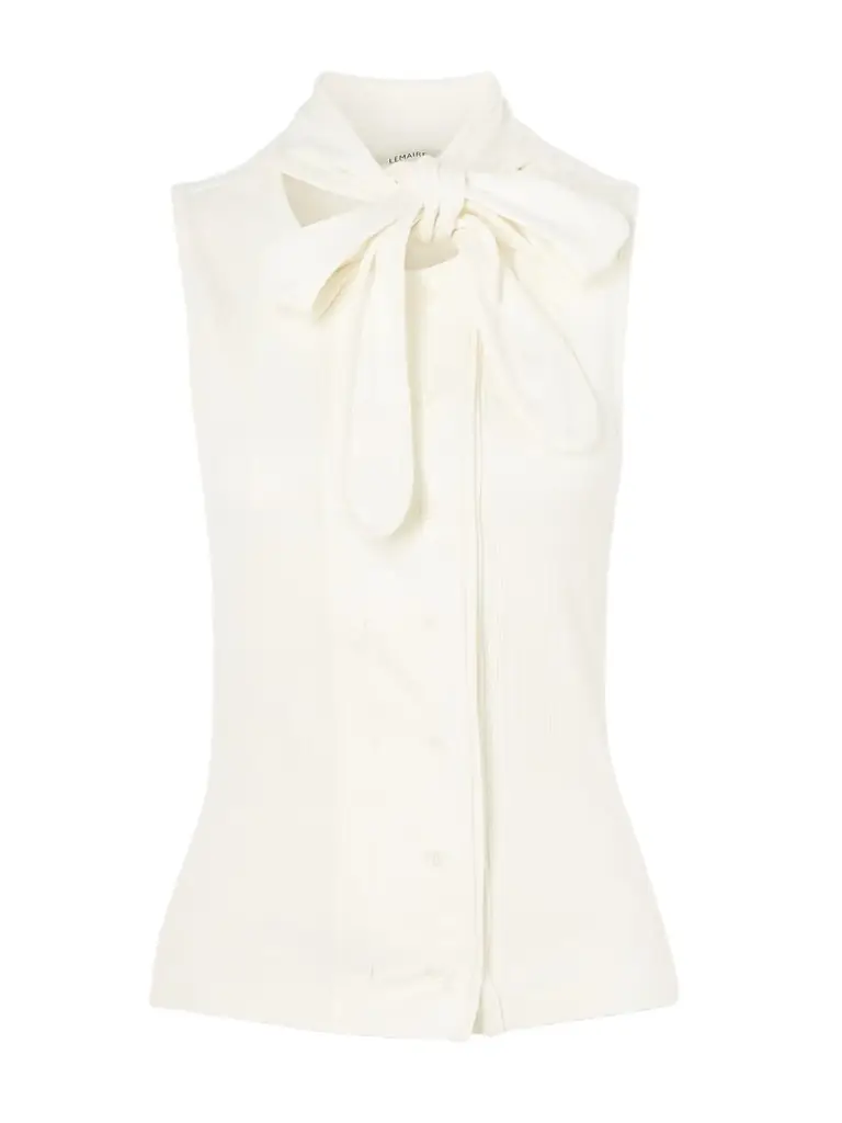 Lemaire Tie-neck Ribbed Stretch-cotton And Linen-blend Jersey Top