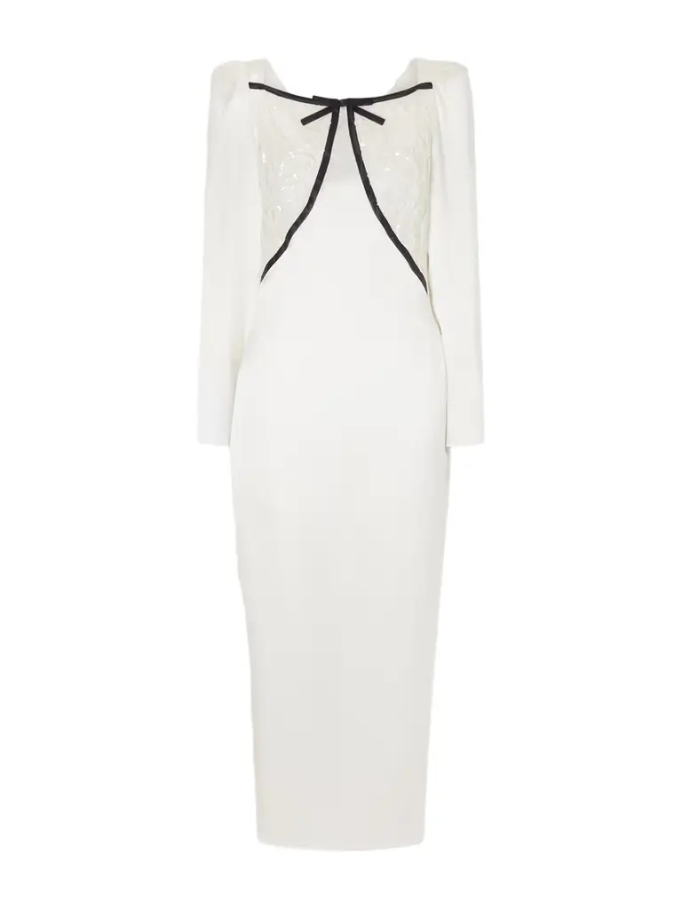 Alessandra Rich Bow-detailed Silk-satin And Sequin-embellished Lace Midi Dress