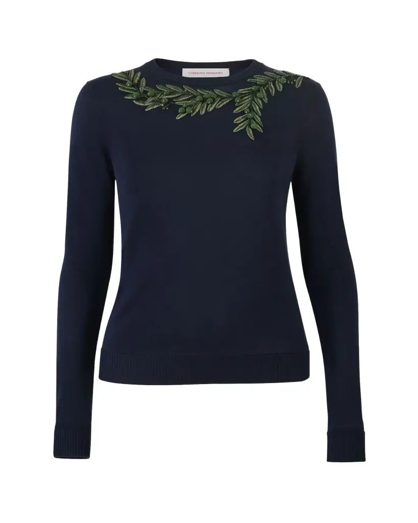 Carolina Herrera Olive Branch Embroidered Silk-Cotton Crewneck Sweater