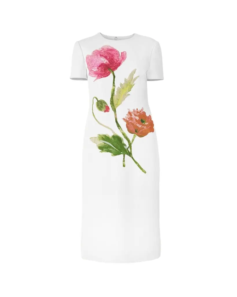 Carolina Herrera Flower-Print Crepe Short-Sleeve Midi Dress