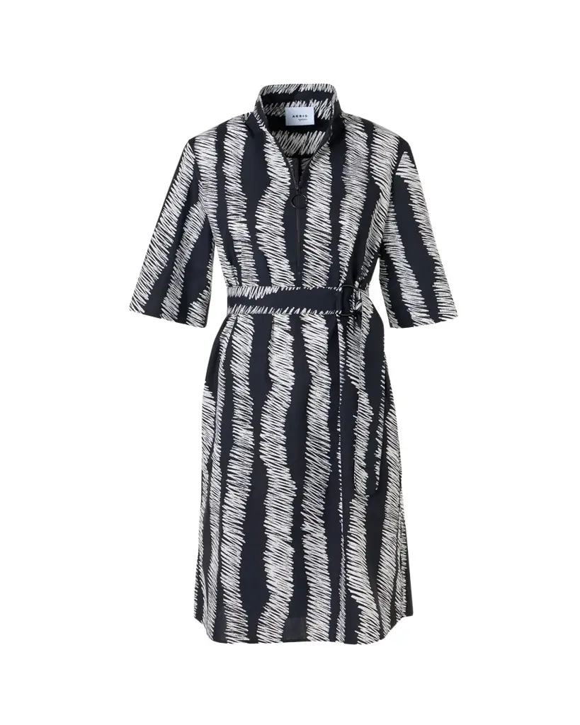 Akris punto Short-Sleeve Scribble Cotton Poplin Belted Shirtdress