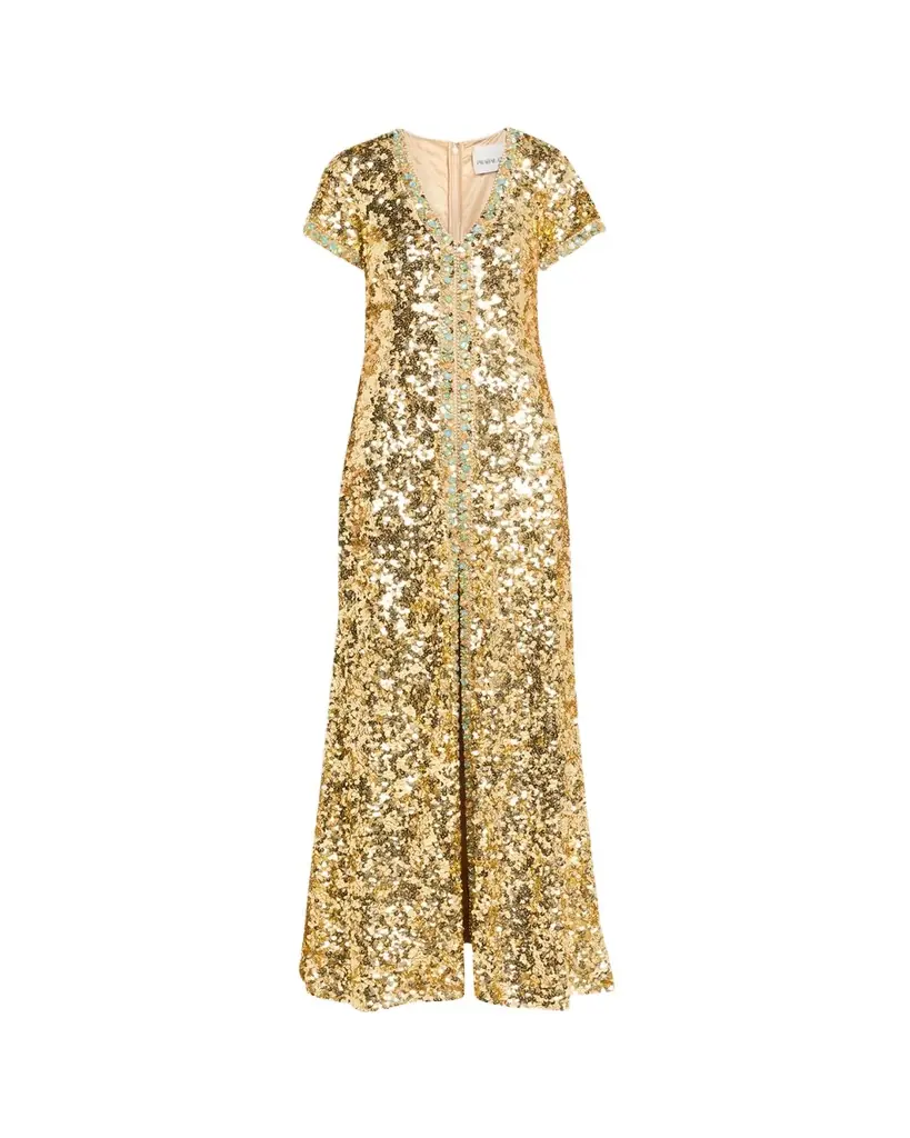 Atelier Prabal Gurung Verushka Crystal Sequined Short-Sleeve Slit Gown