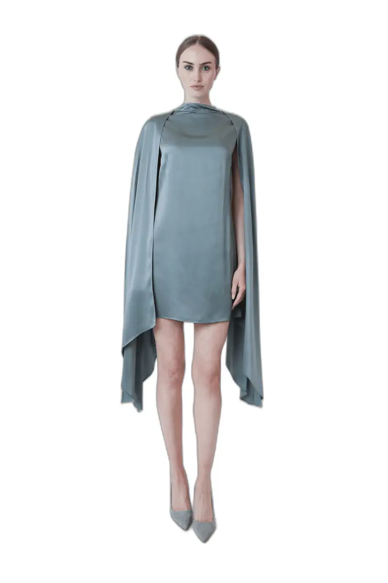 LAPOINTE Satin Cape Sleeve Mini Dress