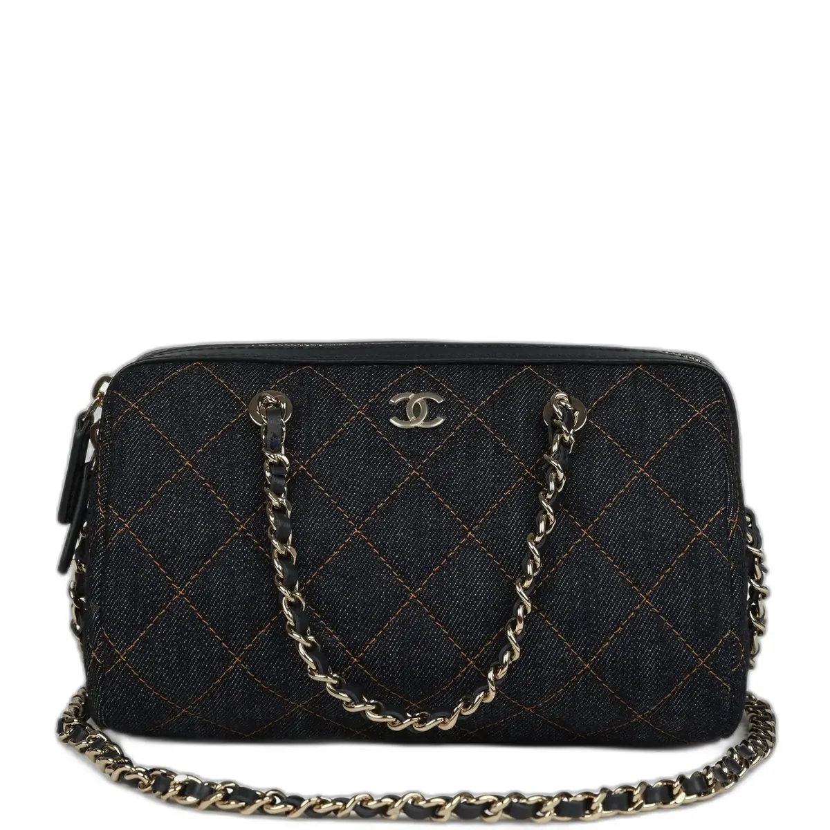 Chanel Chanel Mini Timeless Classic Barrel Bag with Chain Dark Blue Denim Light Gold Hardware