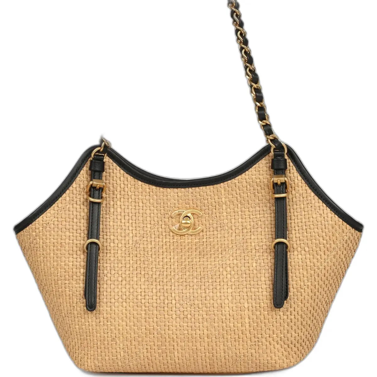 Chanel Chanel Small Coco Shopping Bag Raffia and Black Calfskin Antique Gold Hardware