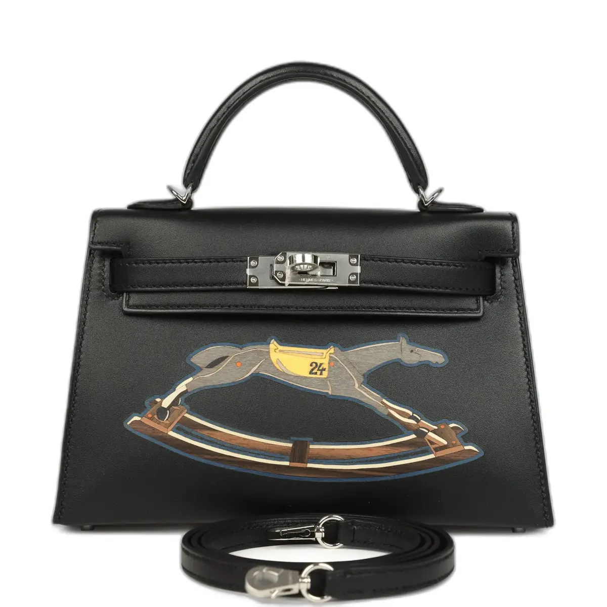 hermes Hermes Kelly Sellier 20 "Cheval De Bois" Black and Multi Tadelakt Palladium Hardware