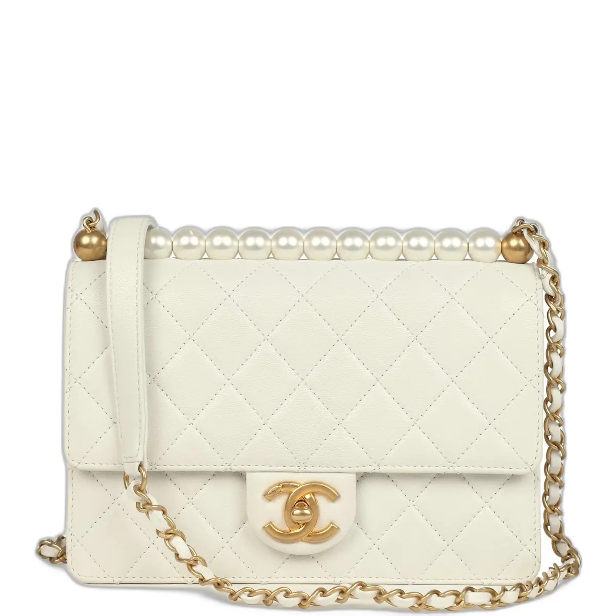 Chanel Preowned Chanel Small Chic Pearls Flap Bag White Calfskin Antique Gold Hardware