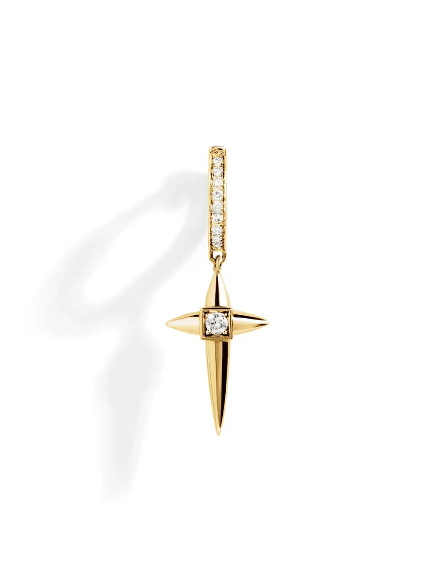 Statement Yellow Gold and Diamond Rockaway Mini Cross Hoop Earring